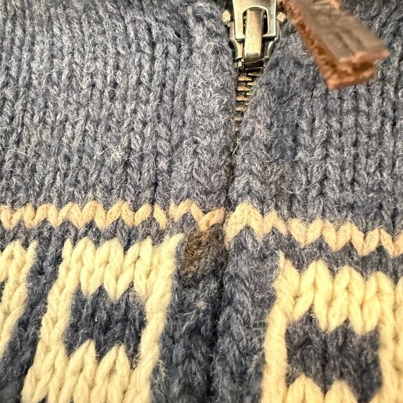 Aritzia TNA Sea to Sky Blue Deer Motif Cowichan Cardigan Sweater Lambswool L - Picture 7 of 10